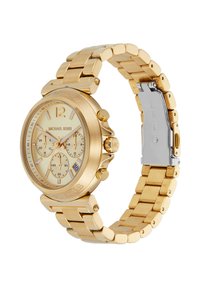 Orologio in acciaio inossidabile dorato con quadrante rotondo, movimento al quarzo, sottodial di cronografo e bracciale. Chiusura in metallo dettagliata.