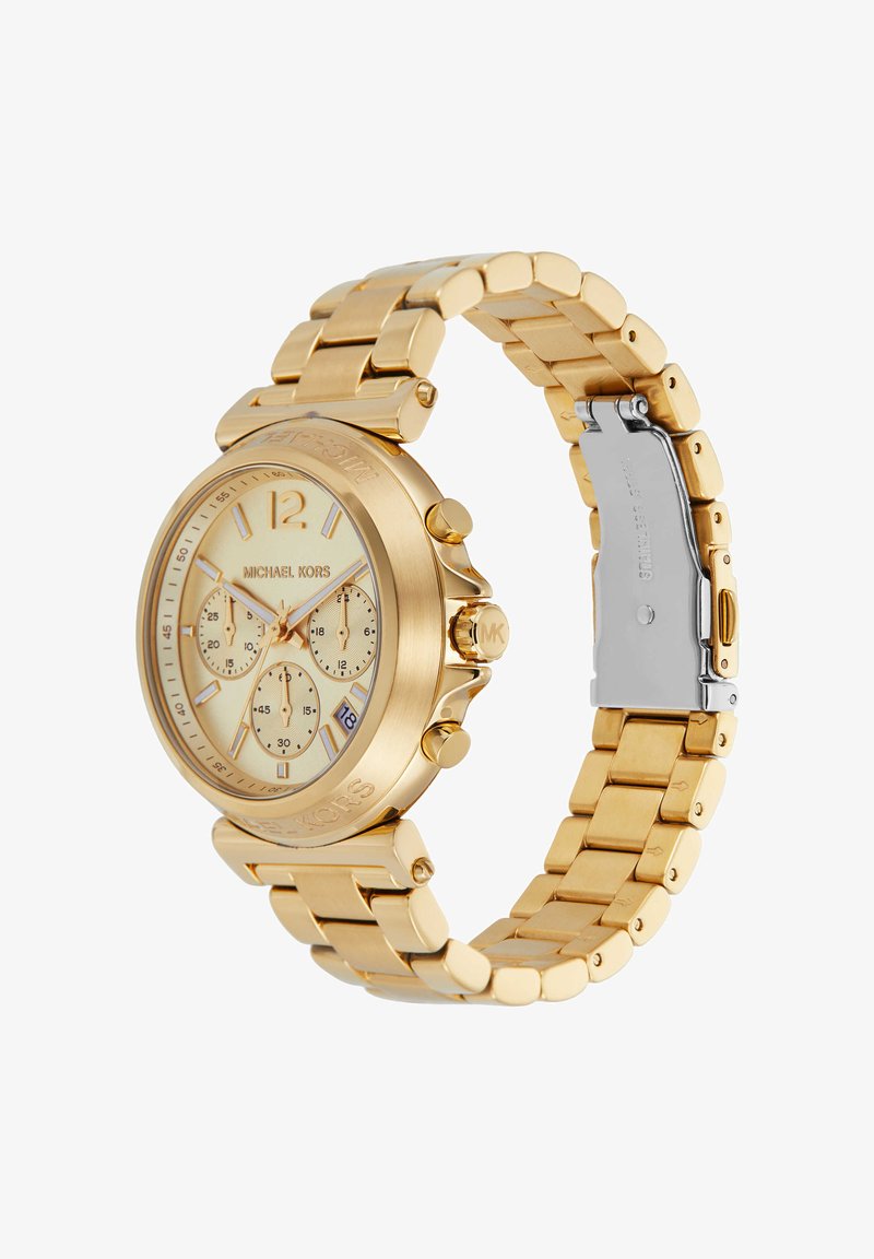 Orologio in acciaio inossidabile dorato con quadrante rotondo, movimento al quarzo, sottodial di cronografo e bracciale. Chiusura in metallo dettagliata.
