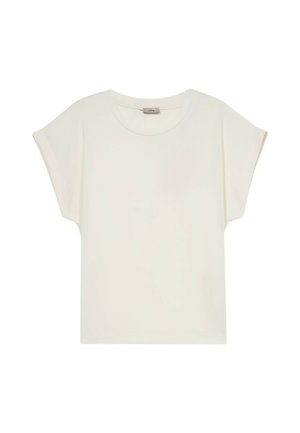 Top blanco de manga corta con un diseño drapeado, que presenta un escote redondo y una textura suave. Construcción sin costuras con un corte relajado.