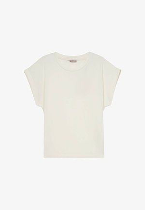 Top alb cu mâneci scurte și design drapat, cu decolteu rotund și textură moale. Construcție fără cusături și croială lejeră.