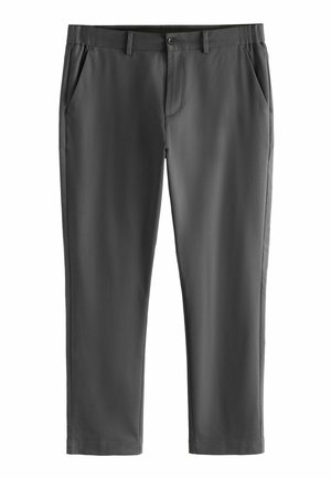 Dunkelgraue, maßgeschneiderte Hose mit Gürtelschlaufen, vorderem Knopf- und Reißverschluss sowie schrägen Seitentaschen, dargestellt vor weißem Hintergrund.