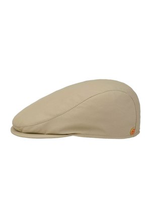 Beige flat cap with smooth fabric, curved top, short stiff brim, and small round logo on the side.