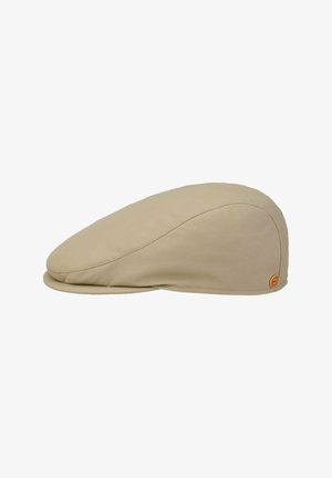 Beige flat cap with smooth fabric, curved top, short stiff brim, and small round logo on the side.