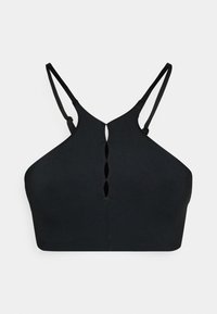 Crni bralet s podesivim trakama, visokim izrezom i izrezanim detaljem na leđima, izrađen od glatkog, rastezljivog materijala.
