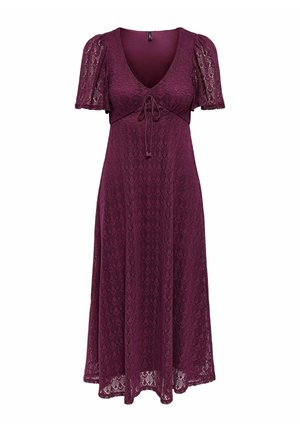 Szilvalila színű csipke midi ruha rövid hullámzó ujjakkal, V-nyakkivágással és elöl megkötős részlettel, bővülő sziluett.