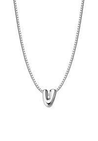 Sidabrinė kaklo grandinėlė su tekstūruota grandine ir lygiu, U formos pakabuku. Pakabukas poliruotas ir atspindintis, akcentuojantis jo formas.
