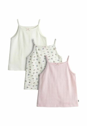 Trois débardeurs pour filles sans manches avec bretelles fines ; un blanc avec des cœurs subtils, un blanc avec un petit imprimé floral et un rose clair avec des cœurs subtils.