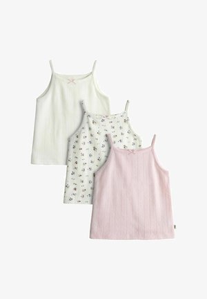 Tri dievčenské tielka bez rukávov s tenkými ramienkami; jedno biele s jemnými srdiečkami, jedno biele s malým kvetinovým vzorom a jedno svetloružové s jemnými srdiečkami.