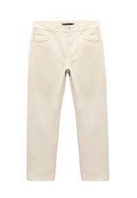 Beige gerade geschnittene Jeans mit glatter Textur, fünf Taschen sowie einem Knopf- und Reißverschluss. Markenlabel sichtbar am Bund.