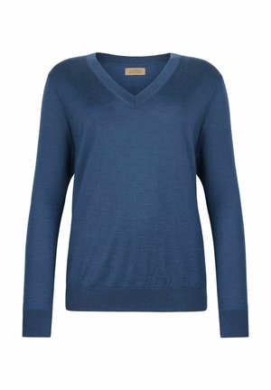 Blå v-ringad tröja i mjukt stickat tyg, med långa ärmar och ribbade muddarna. Slät textur med klassisk passform och utan ytterligare mönster.