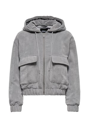 Chaqueta corta de pana gris con capucha, cierre frontal de cremallera y dos bolsillos en el pecho. Cuenta con puños y dobladillo acanalados para un ajuste ceñido.