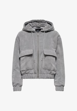 Siva žametna skrajšana jakna s kapuco, sprednjo zadrgo in dvema žepoma na prsih. Ima rebraste manšete in spodnji rob za prilegajoč videz.