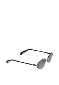 Lunettes de soleil noires sans monture avec des branches fines, des verres foncés et des bouts en écaille, avec un petit logo de marque sur le côté.