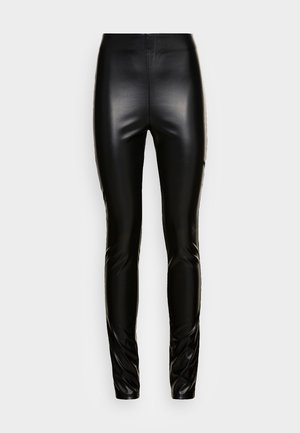 Leggings neri in ecopelle con vestibilità slim, vita alta, texture liscia e dettagli minimi, che offrono un design elegante e aderente.