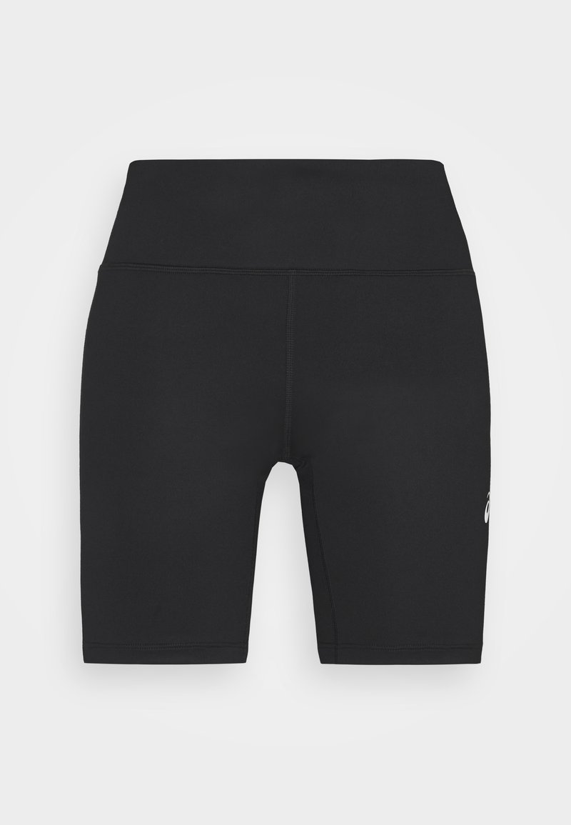 Shorts de vélo athlétiques pour femmes, noirs, taille haute, avec des coutures visibles et un petit logo blanc sur la cuisse gauche.