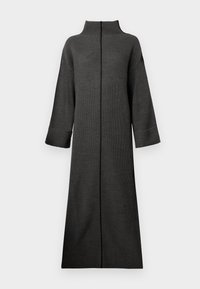 Dark gray knitted dress with a high collar, full-length zip, and wide sleeves. Features a textured pattern and folded cuffs.