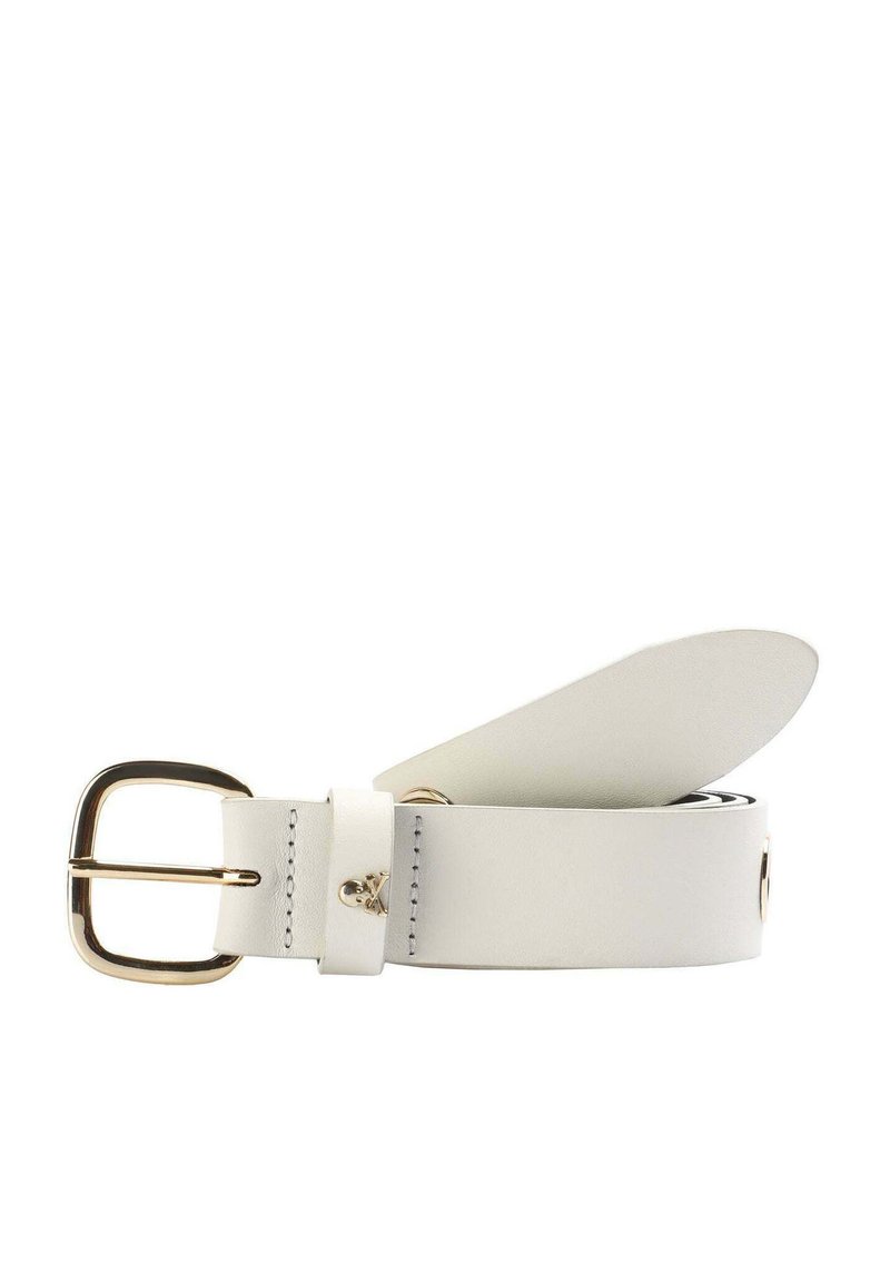 Ceinture en cuir blanc avec une boucle en métal doré, présentant une texture lisse et un design minimaliste. Comprend une boucle pour ajuster la taille.