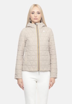 Giacca trapuntata color beige con cappuccio, evidenziata da una cerniera multicolore, caratterizzata da un motivo geometrico e un piccolo logo sul petto.