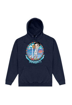 Granatowy hoodie z kolorową grafiką przedstawiającą dziewczynę i psa, otoczoną okrągłym wzorem z tekstem i elementami reprezentującymi Wodnika.