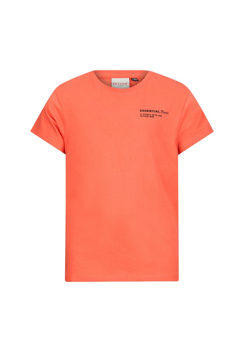 T-shirt corto color corallo in cotone; presenta un colletto tondo e una grafica testuale nera sulla parte anteriore con la scritta "ESSENTIAL Pieces."