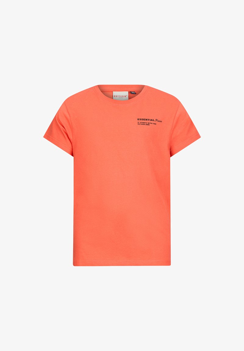 Korala krótki rękaw T-shirt wykonany z bawełny; ma okrągły dekolt i czarny nadruk na przodzie z napisem "ESSENCJALNE elementy."