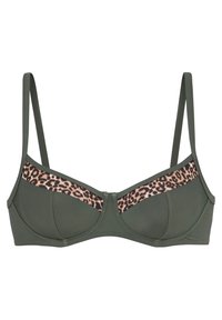 Kaki zeleni grudnjak s detaljima u leopard printu duž trake, s dizajnom čaša i podesivim trakama. Sveukupna glatka tekstura.