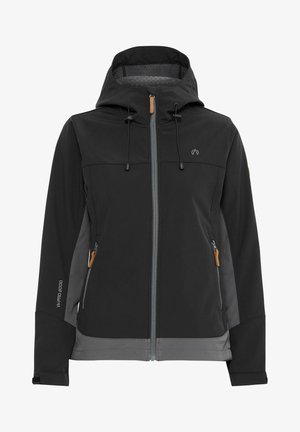 Chaqueta blanda negra con un acento gris en el dobladillo y los laterales, que cuenta con cierre frontal, capucha ajustable y dos bolsillos laterales con cremallera.