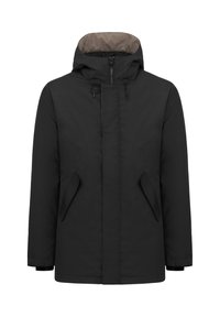 Giubbotto imbottito nero con cappuccio, chiusura con zip e due tasche frontali sicure con aperture laterali. Tessuto morbido e rivestimento a contrasto.