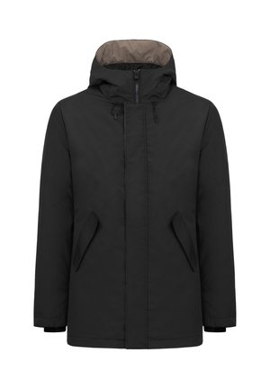 Zwarte gewatteerde jas met een capuchon, ritsluiting en twee voorzakken met zijopening. Glad textuur en contrasterende voering.