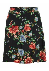 Jupe noire à motifs floraux avec des fleurs rouges, bleues et vertes, affichant une texture lisse et une taille ajustée. Ourlet arrondi.