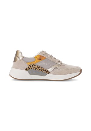 Beige and metallic gold sneaker with leopard print accents, mesh panels, lace-up front, and white cushioned sole.