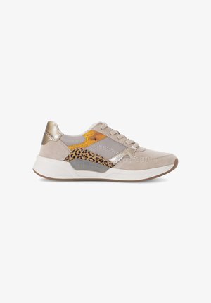 Beige and metallic gold sneaker with leopard print accents, mesh panels, lace-up front, and white cushioned sole.