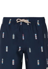 Shorts de bain bleu marine avec un motif répétitif de petites bouteilles de spray colorées. Taille élastique avec cordon en tresse et piqûres sur les côtés.