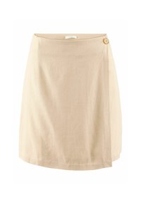 Beige linnekjol med en inslagdesign, som har en mjuk textur och en knappdetalj på vänster sida nära midjan.