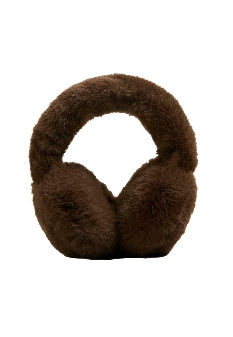 Bruna faux fur öronvärmare med en plyschtextur, rund design och gott om örndämpning för värme. Flexibel, bred huvudband.