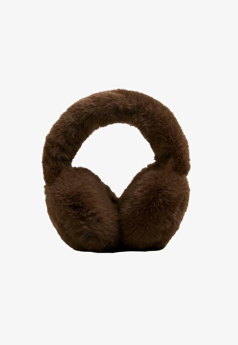 Earmuff in finta pelliccia marrone con una texture morbida, design arrotondato e imbottitura sostanziale per il calore. Fascia elastica e ampia.