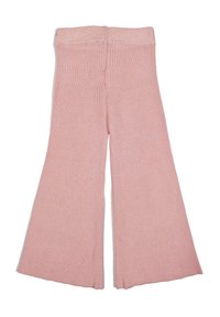 Pantaloni in maglia rosa a gamba larga con vita alta, esposti distesi su uno sfondo bianco.