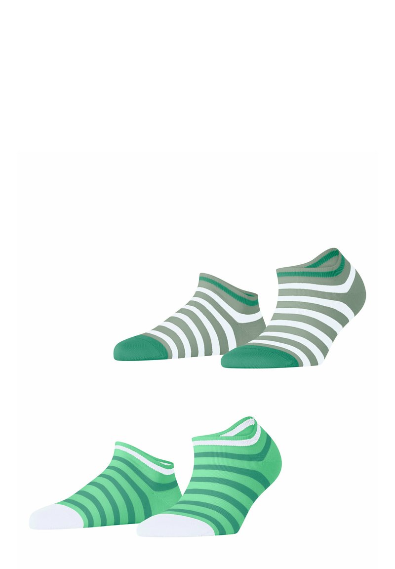Groen en witte gestreepte enkelsokken; twee paar, waarvan één met brede strepen en de andere met smalle strepen, beide met contrasterende teentjes.