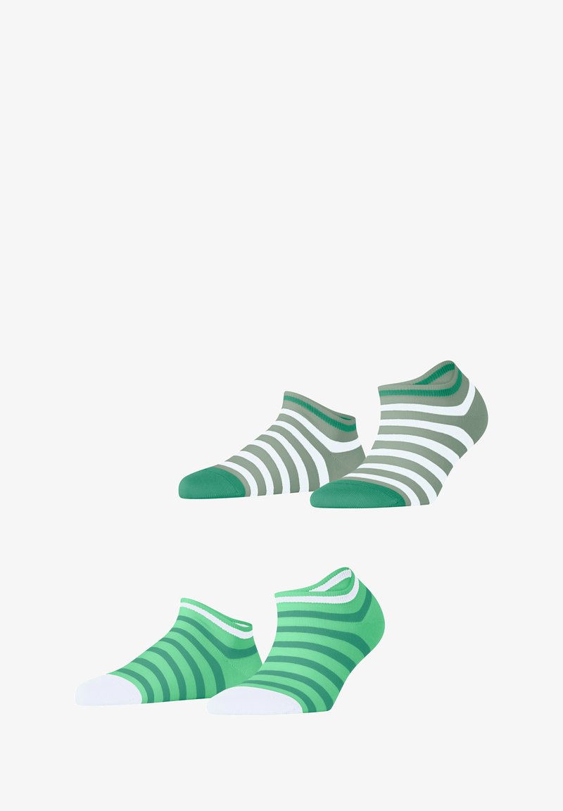 Groen en witte gestreepte enkelsokken; twee paar, waarvan één met brede strepen en de andere met smalle strepen, beide met contrasterende teentjes.
