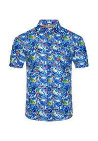 Korte mouwen overhemd met knopen in een blauw tropisch patroon met groene bladeren, rode bloemen en kleurrijke accenten. Van katoen, ontspannen pasvorm.