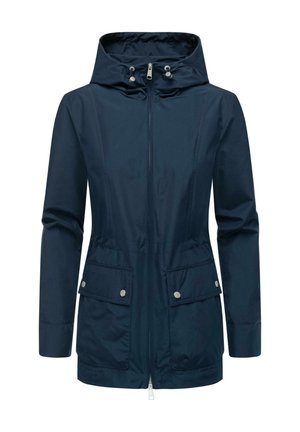Navy blue waterproof jacket with a zippered front, adjustable hood, two front pockets with snap closures, and smooth fabric texture.