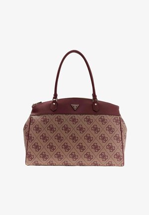 Braune Handtasche mit Muster, dunkelroten Akzenten und Griffen, mit Reißverschluss und einem Logo-Plakett an der Vorderseite.