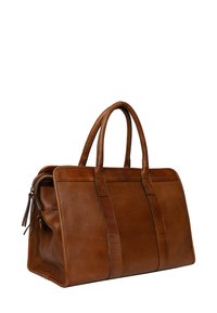 Borsa a tracolla in pelle marrone con manici doppi, forma rettangolare e chiusura con zip. Presenta cuciture distintive e una superficie testurizzata.