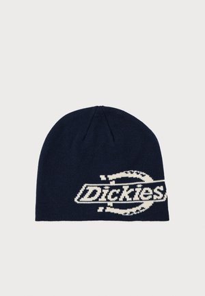 Navy beanie hat made of knit fabric featuring a white logo and circular graphic design. Simple, unembellished shape with a soft texture.
