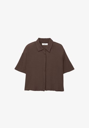 Brown, short-sleeve button-up shirt with a collar. Made of lightweight fabric, featuring a relaxed fit and subtle texture. No visible patterns.