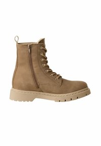 Tan leather ankle boot with a rounded toe, lace-up front, side zipper, and chunky beige sole. Textured finish with distinct stitching details.