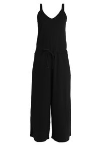 Zwarte jumpsuit met verstelbare spaghettibandjes, V-hals, cinched taille en wijde pijpen. Zacht, glad materiaal zonder patronen.