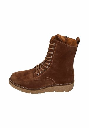 Brown suede lace-up ankle boot with a rounded toe, textured surface, beige rubber sole, and metal eyelets for laces.