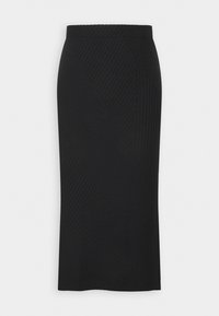 Jupe crayon noire en maille côtelée avec des rayures texturées diagonales, taille haute et longueur mi-mollet.
