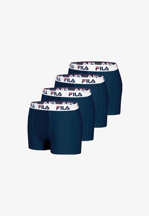 Quatre paires de boxers bleu marine avec une ceinture blanche portant le logo Fila en rouge et bleu. Tissu doux et extensible.